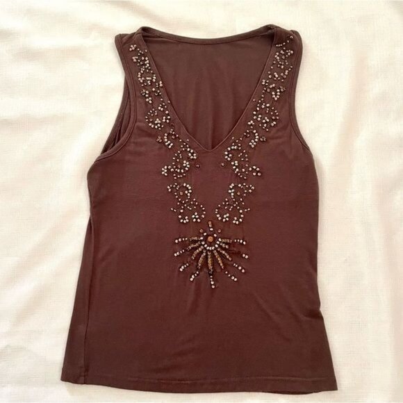 Brown Sleeveless V-Neck Womens Top With Beaded Embellishments - Picture 12 of 12